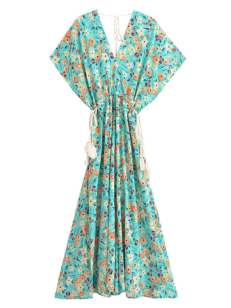 Evergreen Floral Boho Floral Print Midi Dress