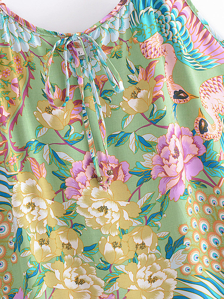 Jade Peacock Boho Floral Print Midi Dress