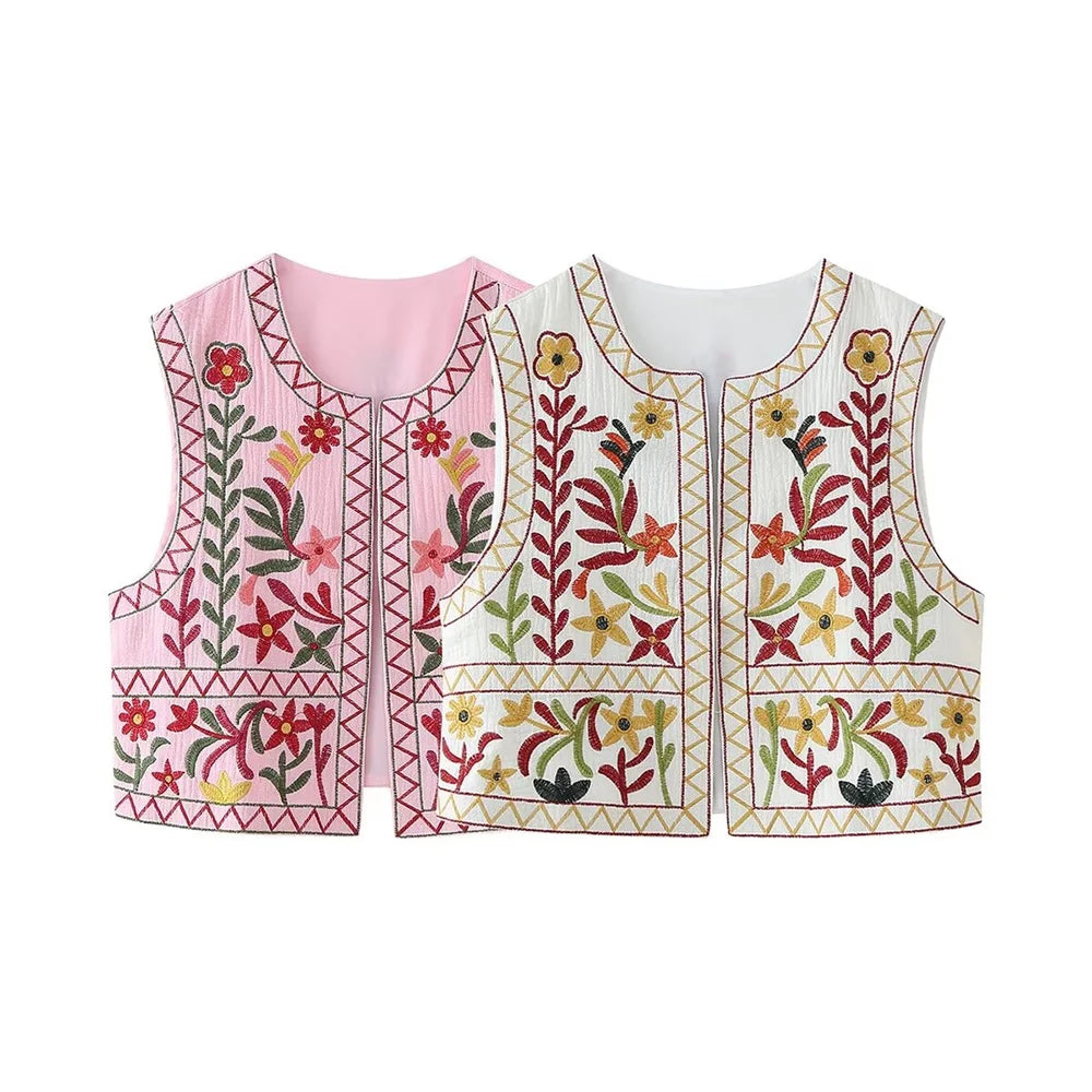 Pink Bouquet Boho Floral Embroidered Vest