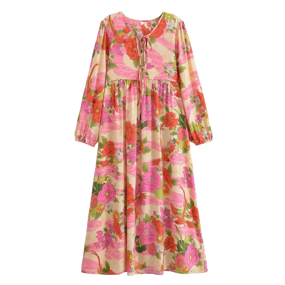 Paradise Sunset Boho Floral Print Long Sleeve Maxi Dress