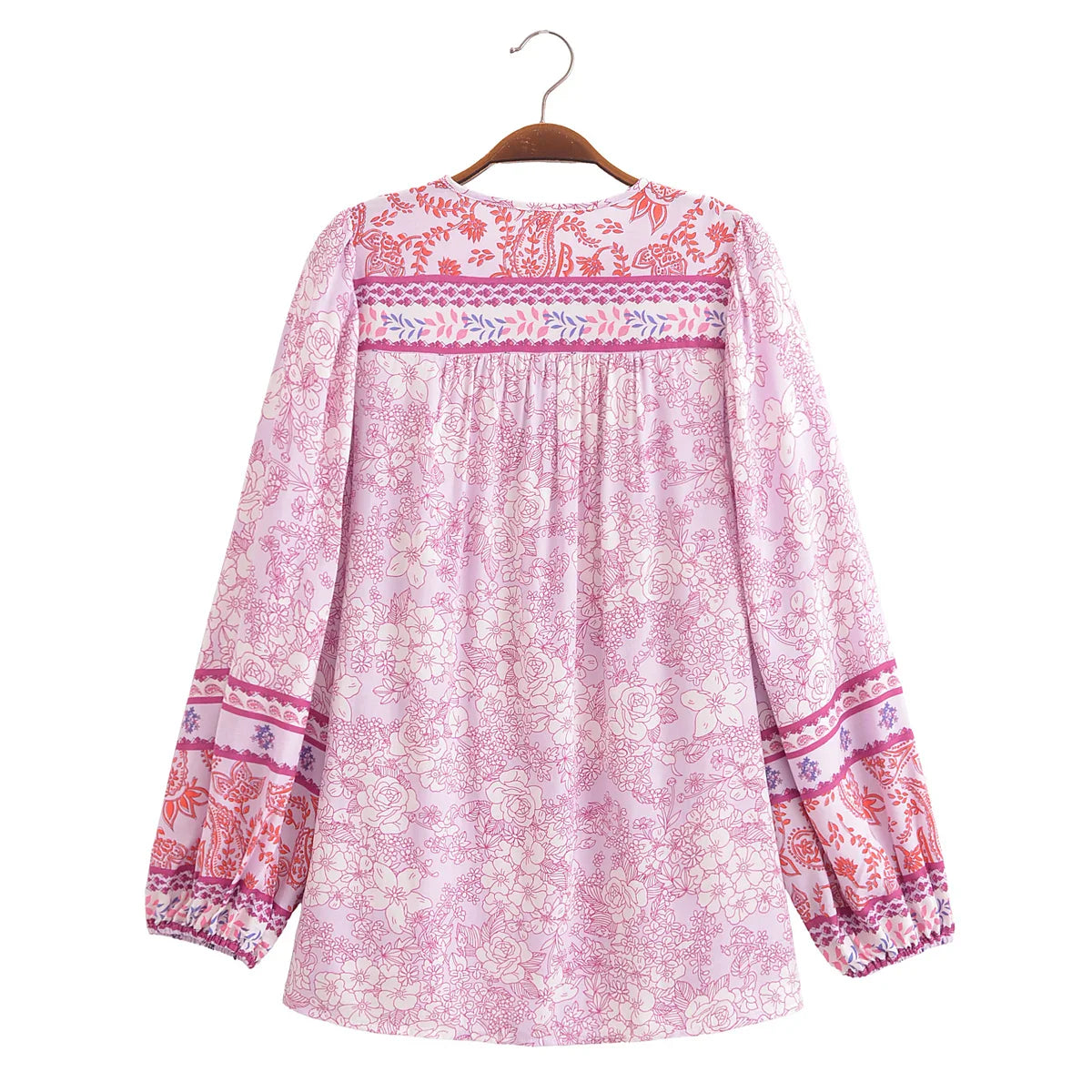 Serene Pink Boho Floral Print Long Sleeve Blouse