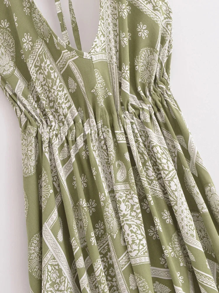 Mystic Moss Boho Floral Print Maxi Dress