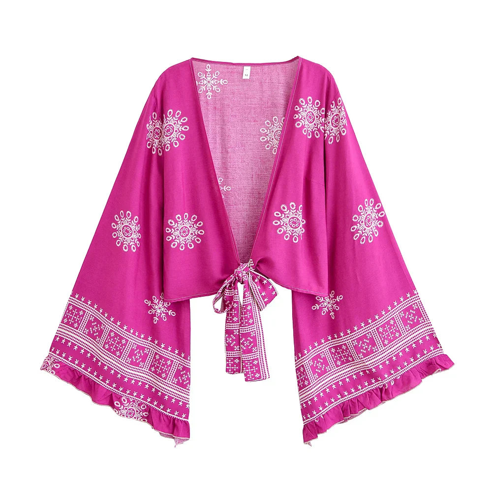 Roseberry Dreams Boho Floral Print Long Sleeve Crop Top