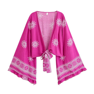 Roseberry Dreams Boho Floral Print Long Sleeve Crop Top