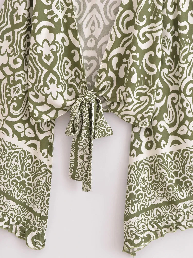 Serene Green Boho Floral Print Long Sleeve Crop Top