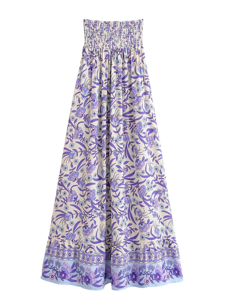 Lavender Bliss Boho Floral Print High-Low Maxi Skirt