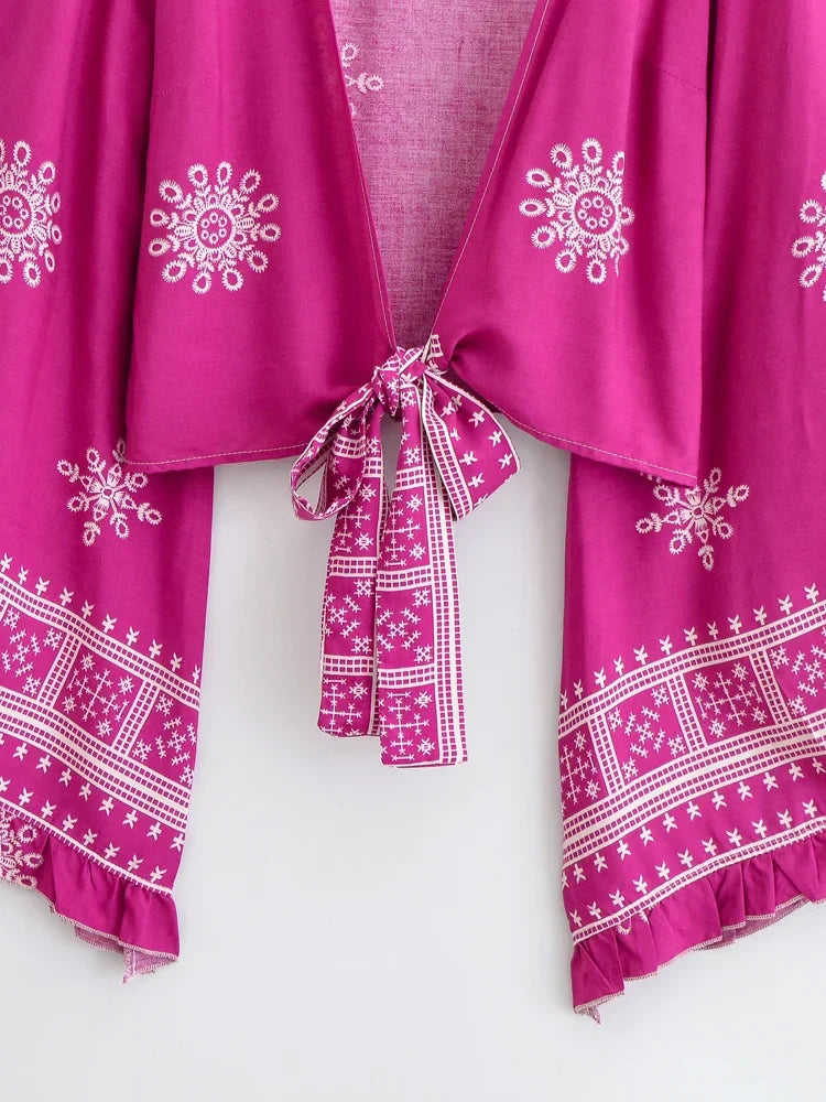 Roseberry Dreams Boho Floral Print Long Sleeve Crop Top