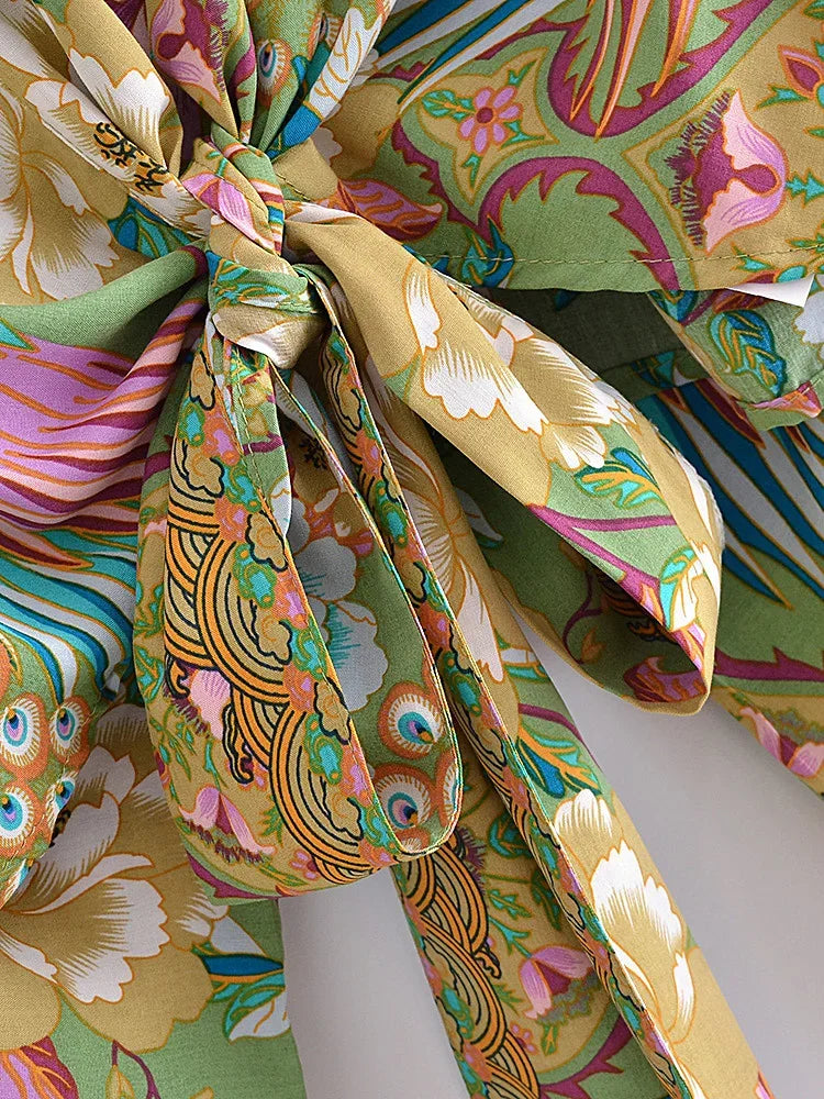 Jade Peacock Boho Floral Print Crop Top