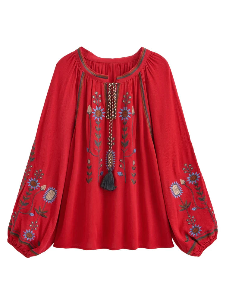 Crimson Dune Floral Embroidered Long Sleeve Blouse