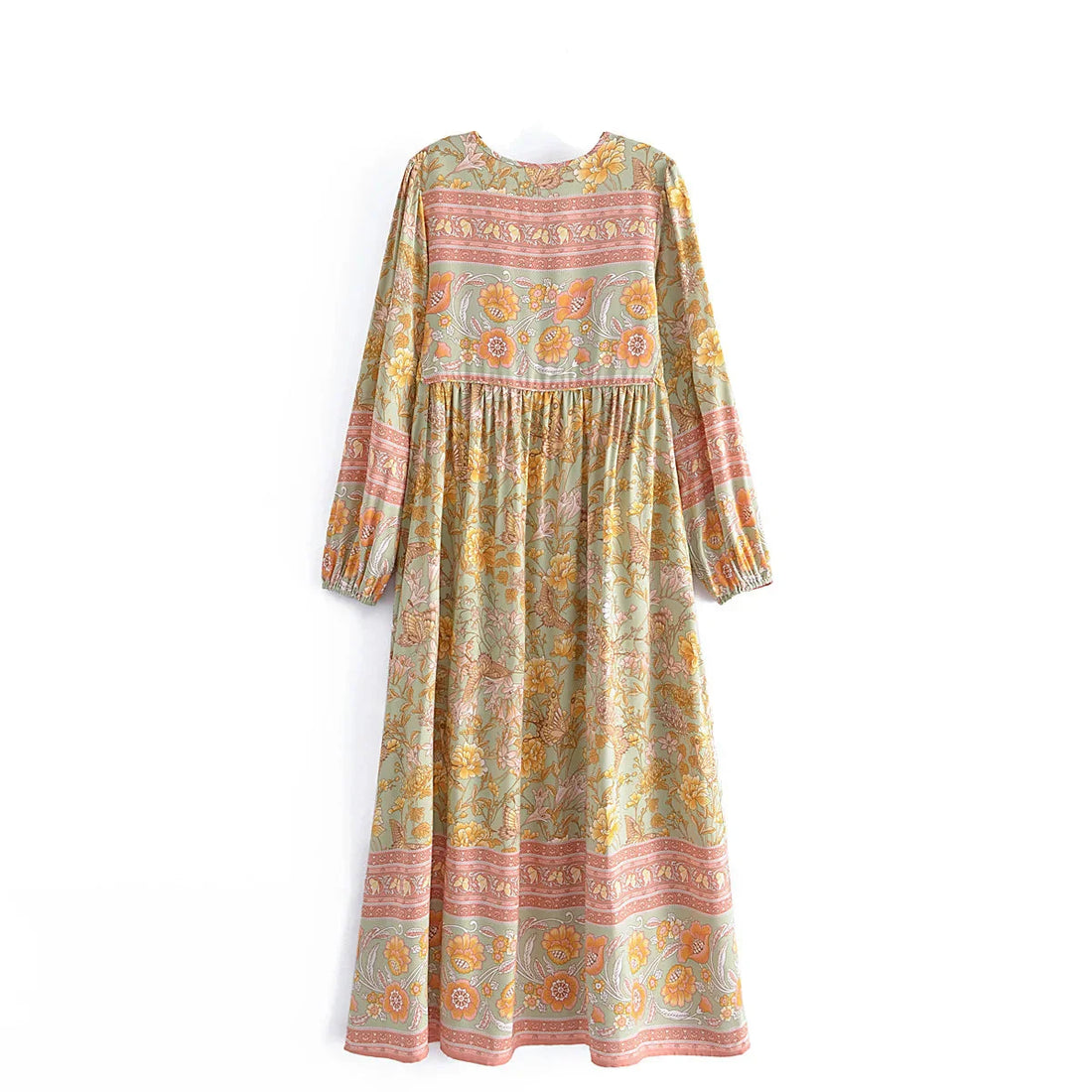 Green Butterfly Boho Floral Print Long Sleeve Maxi Dress