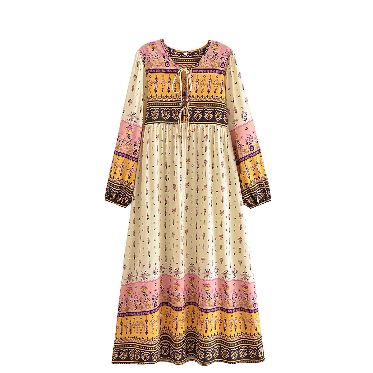 Gypsy Feather Boho Floral Print Long Sleeve Maxi Dress