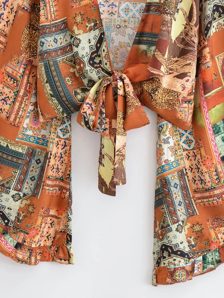 Sunset Rhapsody Boho Paisley Print Long Sleeve Crop Top