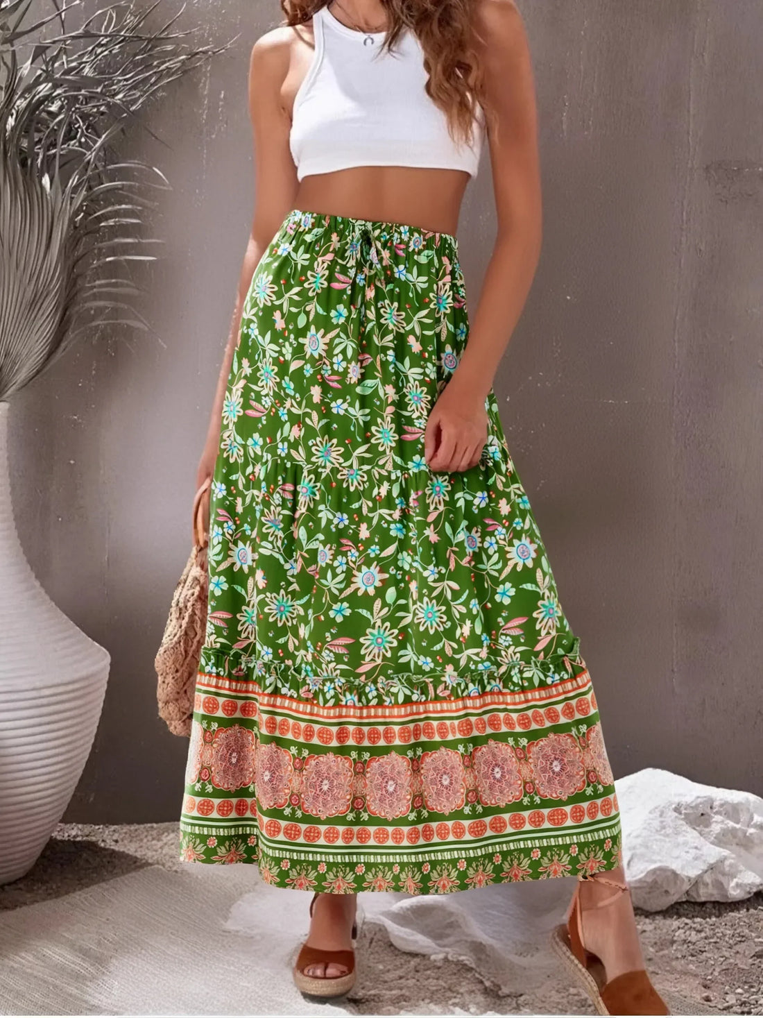 Green Dreamer Floral Print Boho Maxi Skirt