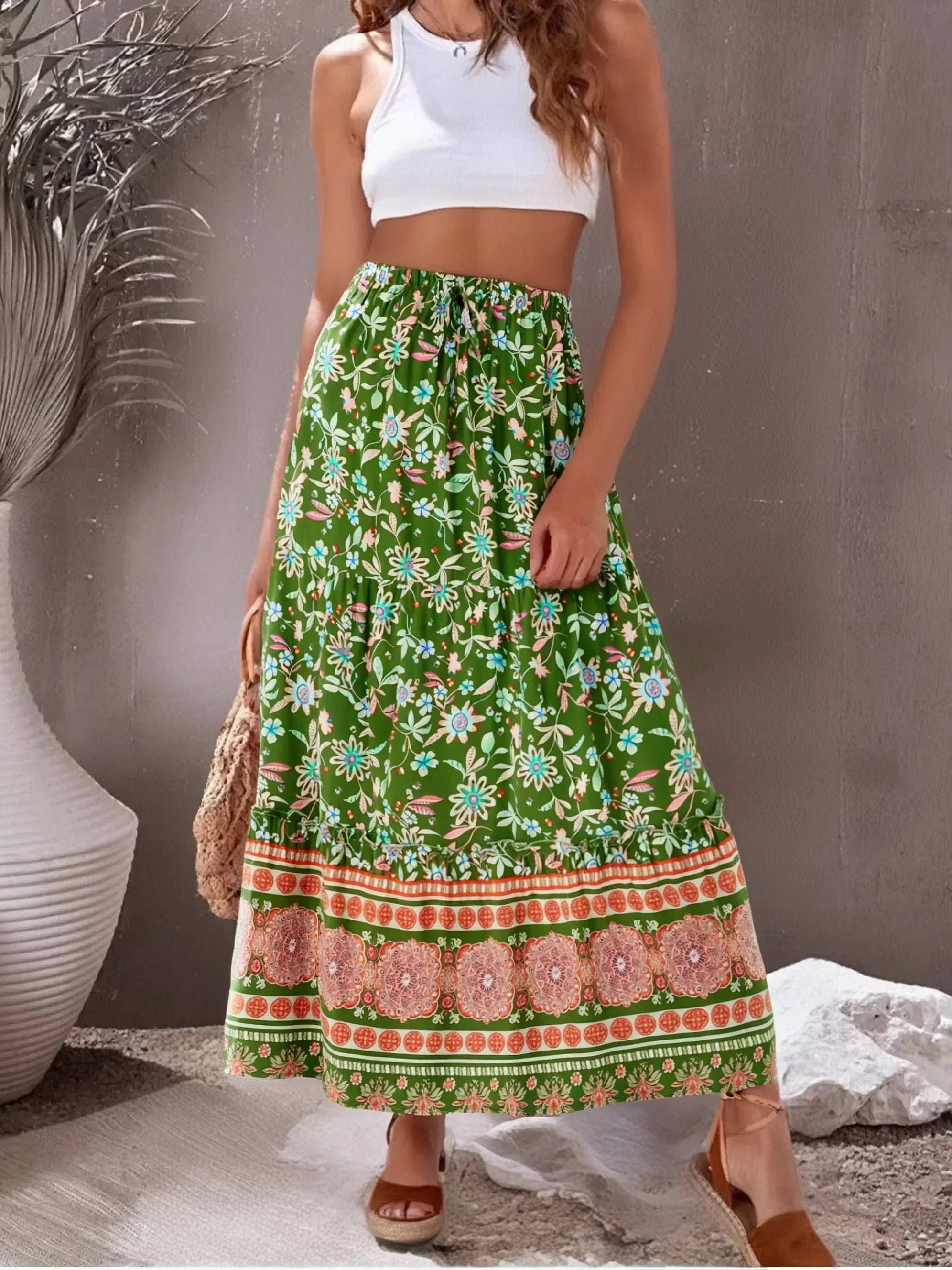 Green Dreamer Floral Print Boho Maxi Skirt