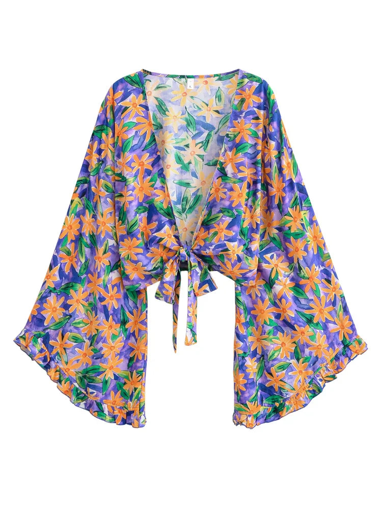 Violet Romance Boho Floral Print Long Sleeve Crop Top