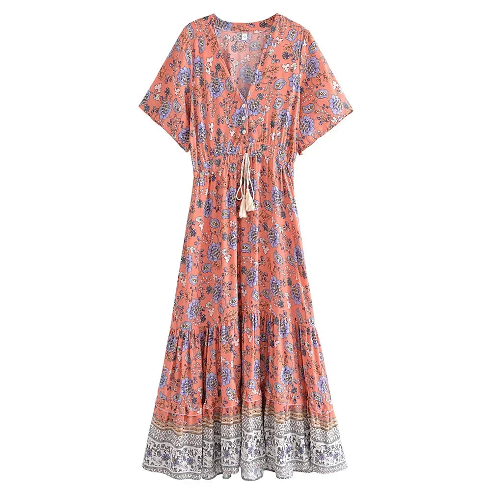 Coral Bloom Boho Floral Print Maxi Dress