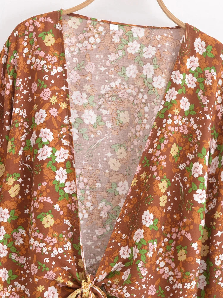 Rustic Bloom Boho Floral Print Long Sleeve Crop Top