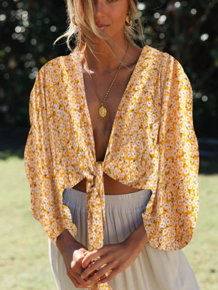 Golden Bloom Boho Floral Print Long Sleeve Crop Top
