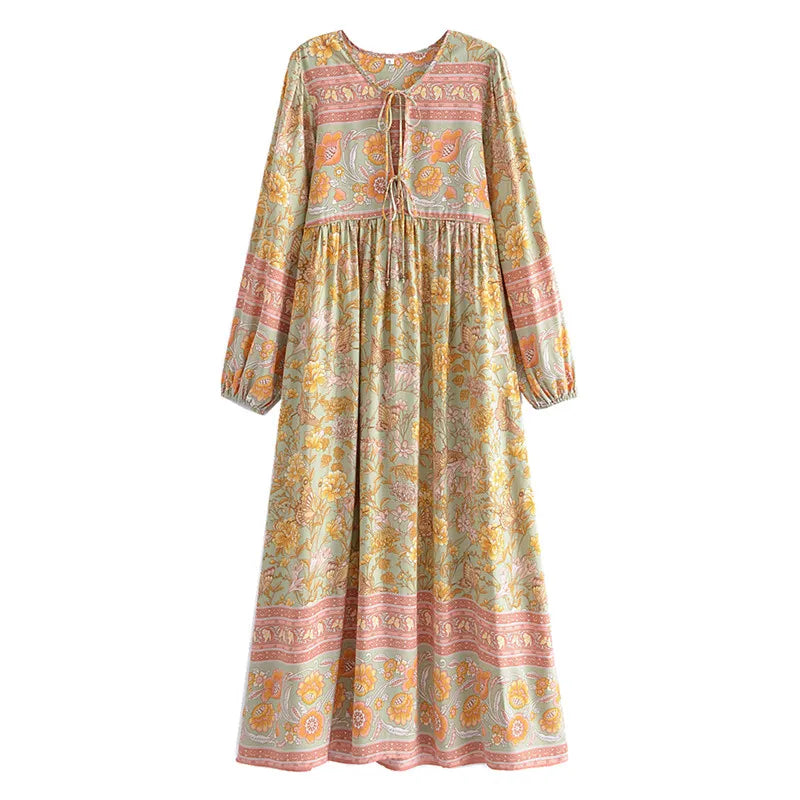 Green Butterfly Boho Floral Print Long Sleeve Maxi Dress