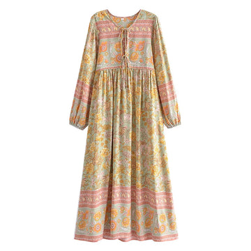 Green Butterfly Boho Floral Print Long Sleeve Maxi Dress