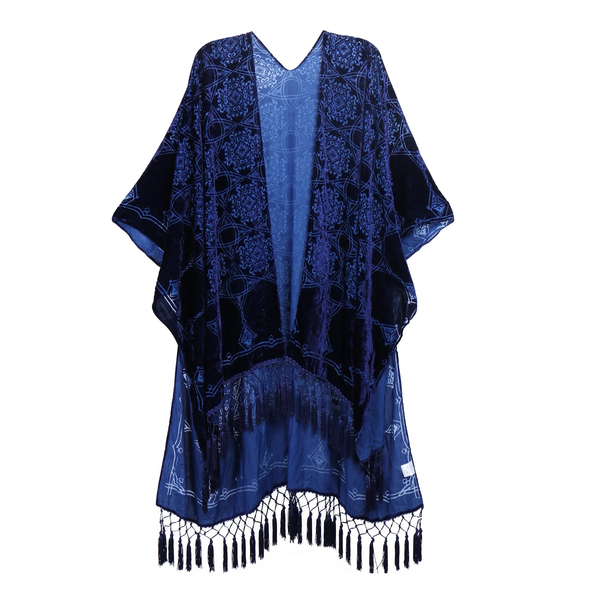Royal Blue Floral Print Velvet Burnout Kimono