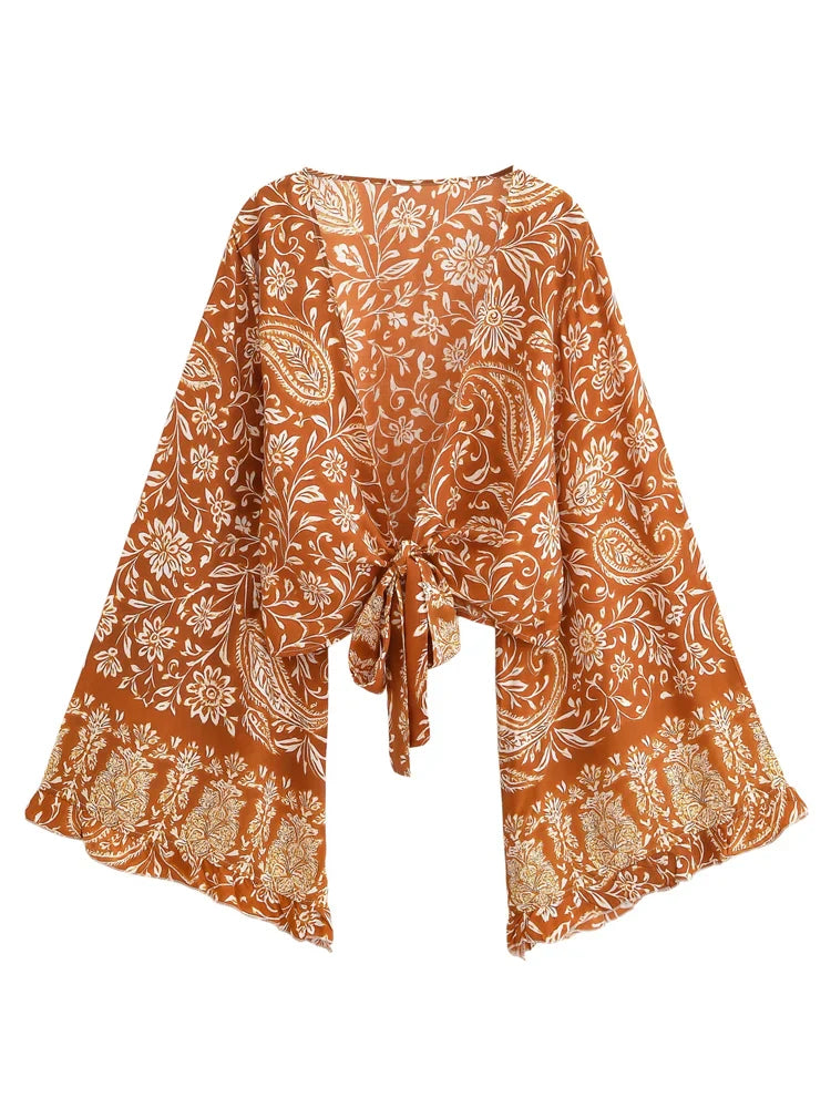 Burnt Sienna Boho Floral Print Long Sleeve Crop Top