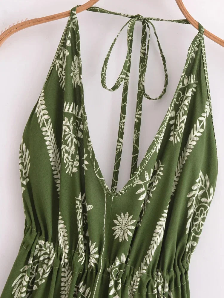 Sagewood Green Boho Floral Maxi Dress