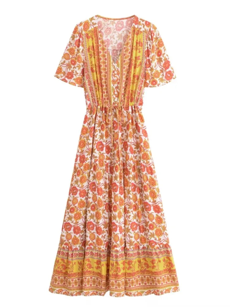 Marigold Orange Boho Floral Print Maxi Dress