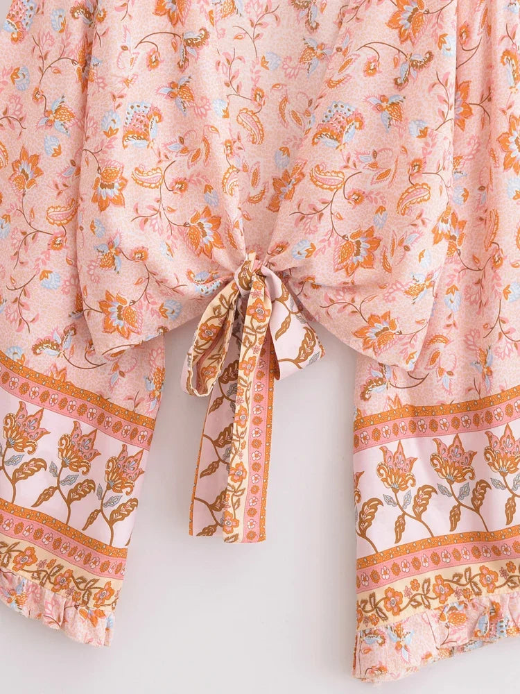 Sunset Glow Boho Floral Print Long Sleeve Crop Top