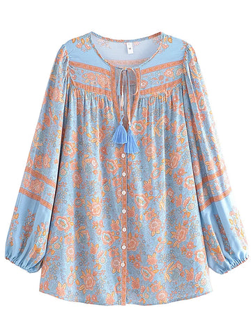 Blue Whisper Boho Floral Print Long Sleeve Blouse
