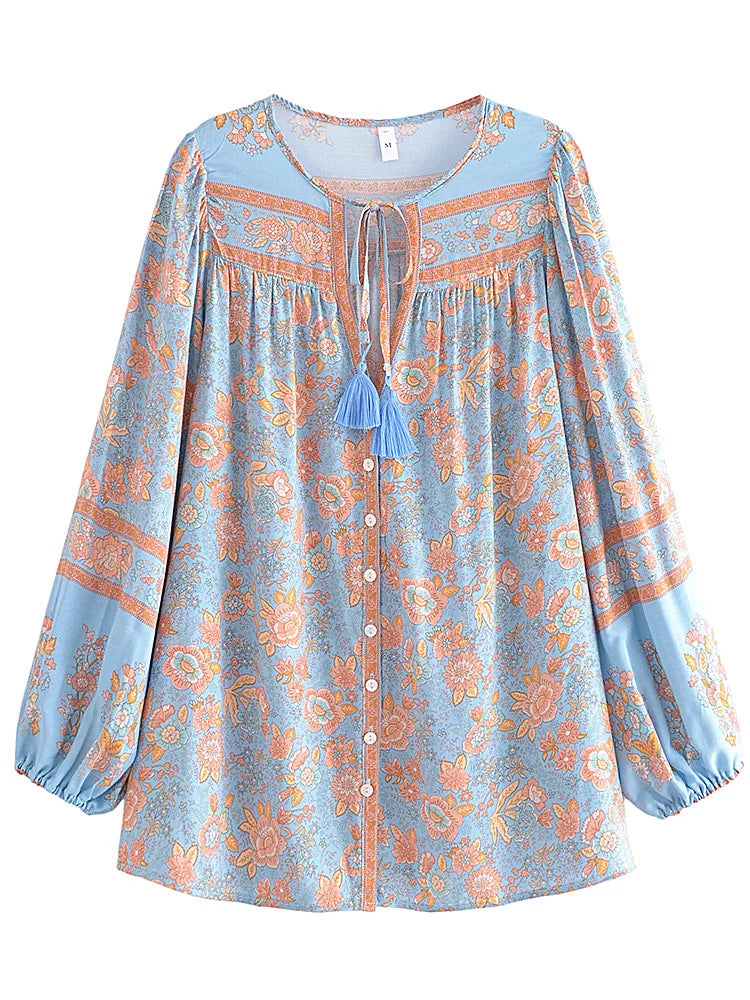 Blue Whisper Boho Floral Print Long Sleeve Blouse