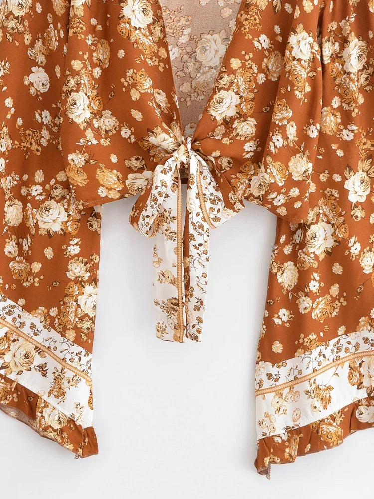 Spiced Honey Boho Floral Print Long Sleeve Crop Top
