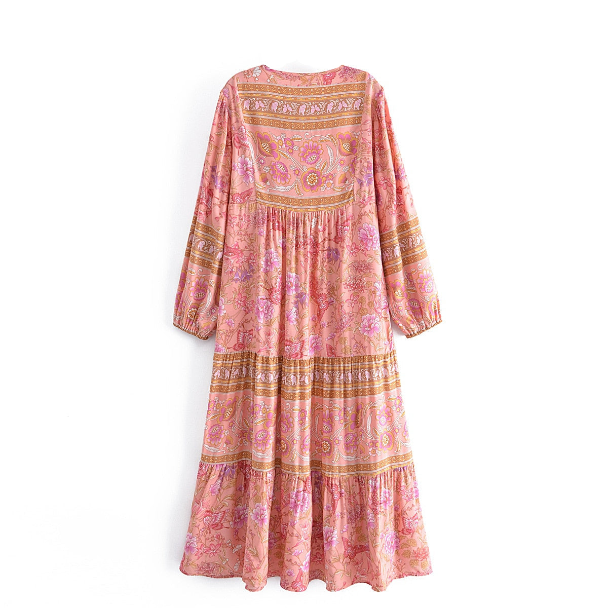 Pink Butterfly Boho Floral Print Long Sleeve Maxi Dress