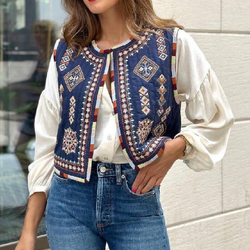 Navy Boho Aztec Embroidered Vest