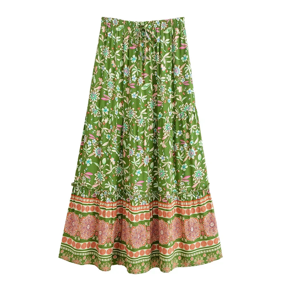 Green Dreamer Floral Print Boho Maxi Skirt