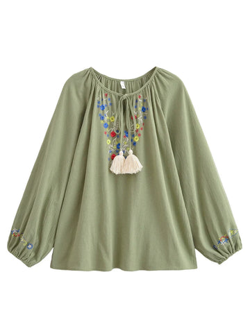 Sagebrush Wildflower Floral Embroidered Long Sleeve Blouse