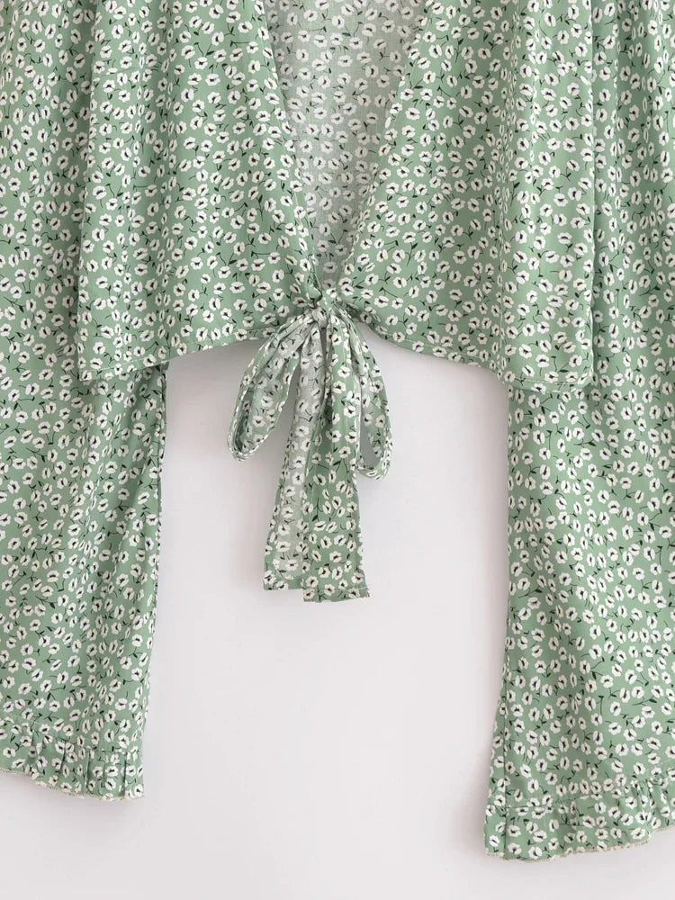 Green Poppy Boho Floral Print Long Sleeve Crop Top