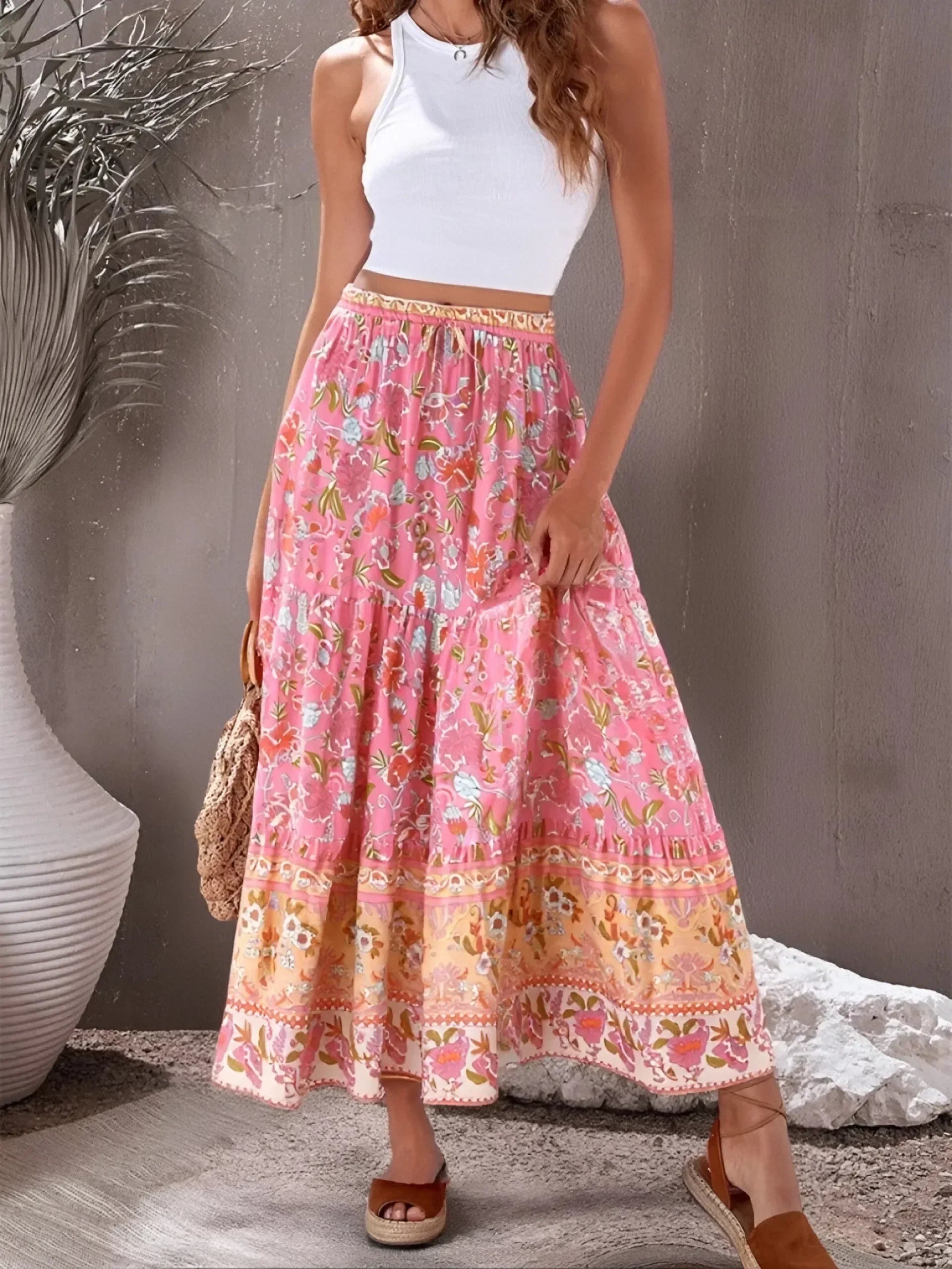 Blushing Bouquet Floral Print Boho Maxi Skirt