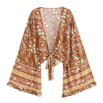 Rustic Bloom Boho Floral Print Long Sleeve Crop Top