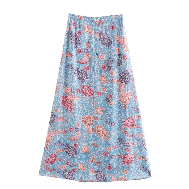 Blooming Blue Boho Floral Midi Skirt