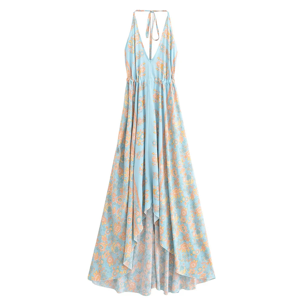 Enchanted Blue Boho Floral Print Maxi Dress