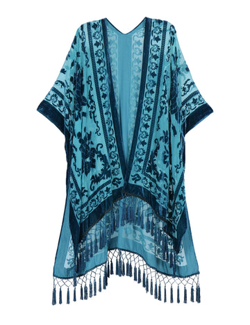 Teal Dream Floral Print Velvet Burnout Kimono