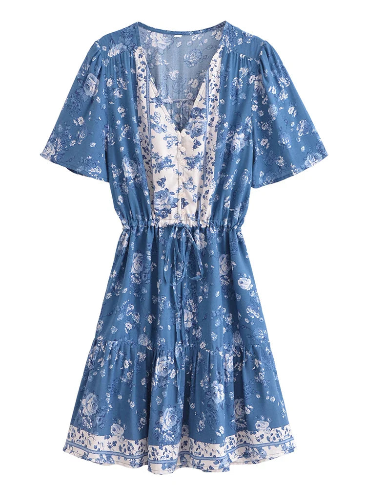 Cottage Blue Boho Floral Print Mini Dress