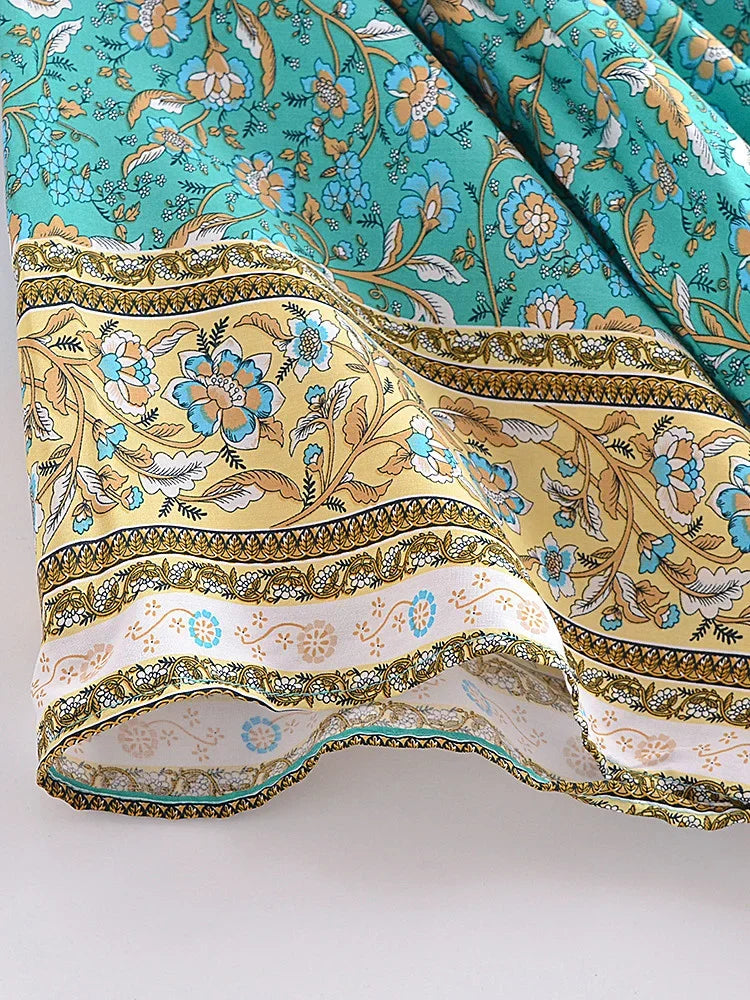 Mystic Teal Boho Floral Print Crop Top