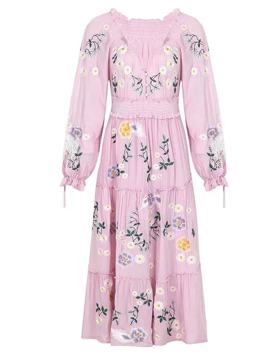 Pink Lilac Blossom Floral Embroidered Maxi Dress