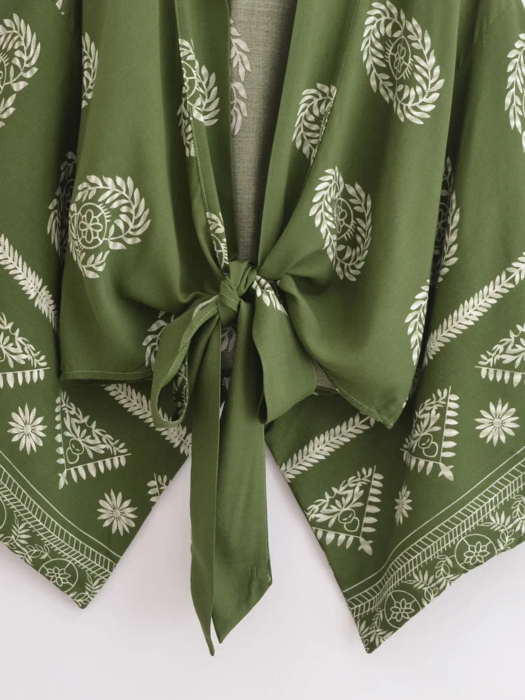 Sagewood Green Boho Floral Print Crop Top