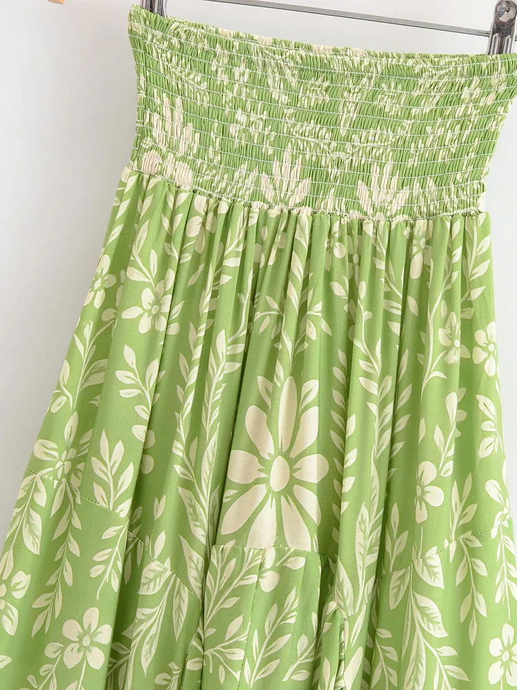 Eden Green Boho Floral Print High-Low Maxi Skirt