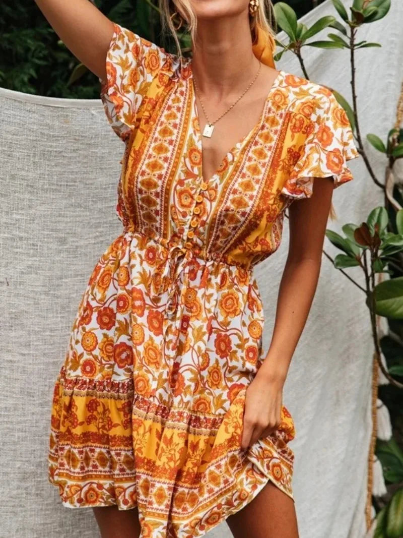 Marigold Orange Boho Floral Print Mini Dress