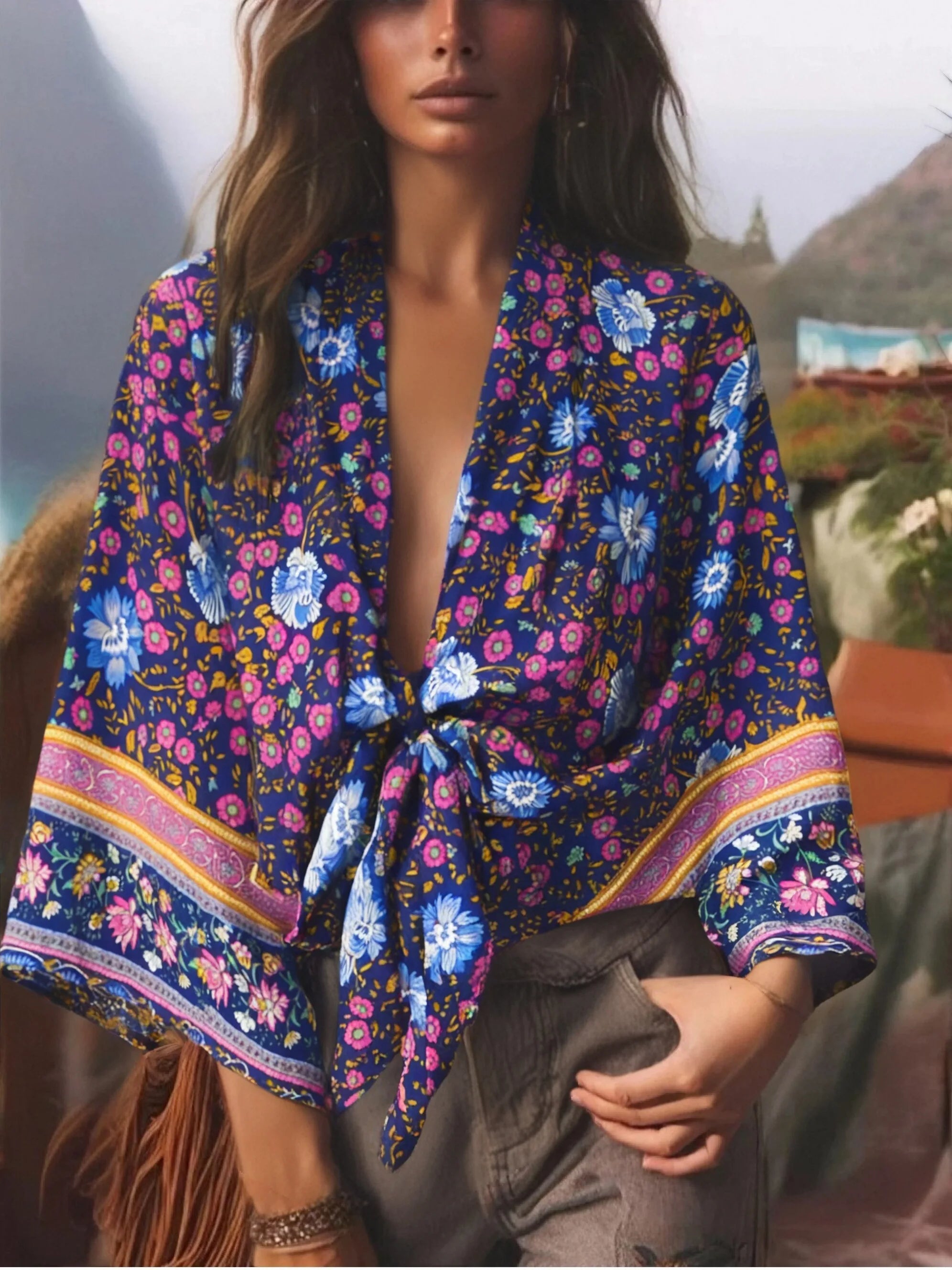 Navy Bloom Boho Floral Print Crop Top