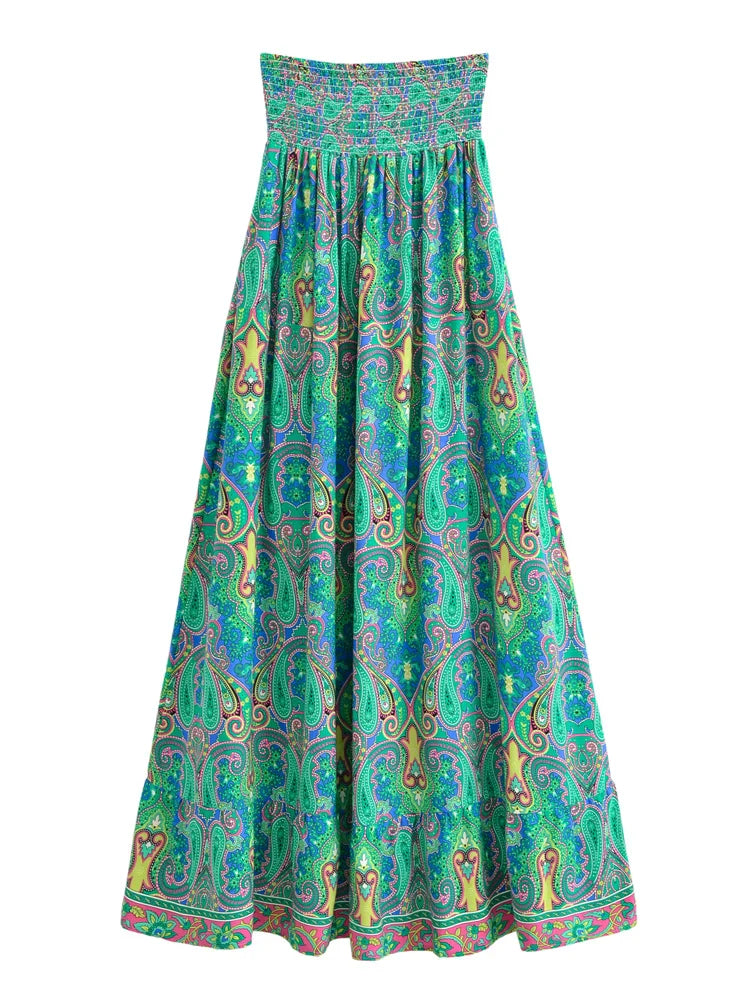 Mystic Green Boho Paisley Print High-Low Maxi Skirt